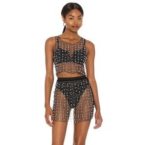 Beach Bunny Glitzy Girl Mesh Pearl Top & Skirt Set in Black
